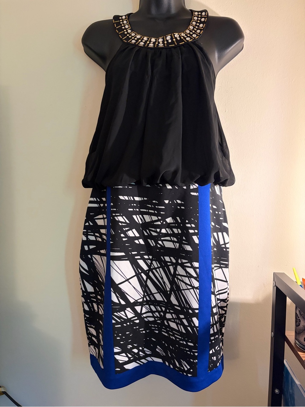 Thalia Sodi Black, White & Blue Mixed-Media Pencil Dress